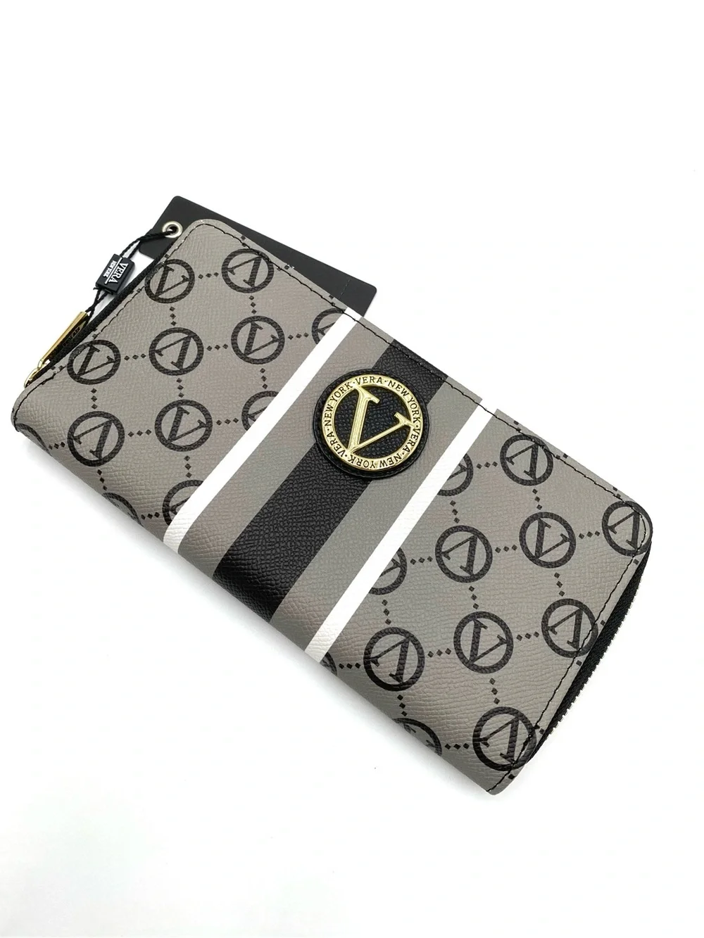 Vera New York Wallet Womens Black Signature Logo Zip Around Stripe New